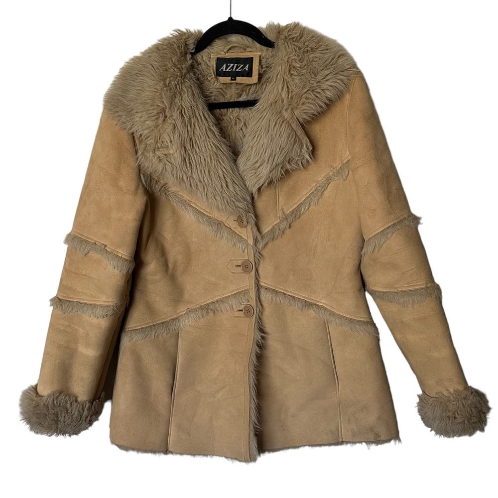 Aziza Y2K Faux Fur Suede Fur Lined Coat 3 Button Jacket Tan XL